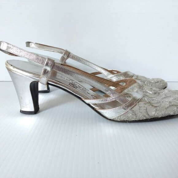 VINTAGE 60s SILVER SHOES Size 8 Narrow Sagamore Handmade Formal Cocktail Party - Picture 5 of 11